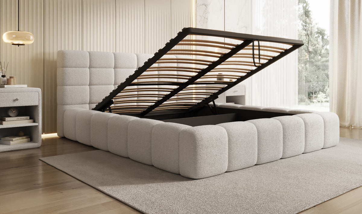 Designer Polsterbett Marshmallow in Teddy Bouclé mit Stauraum