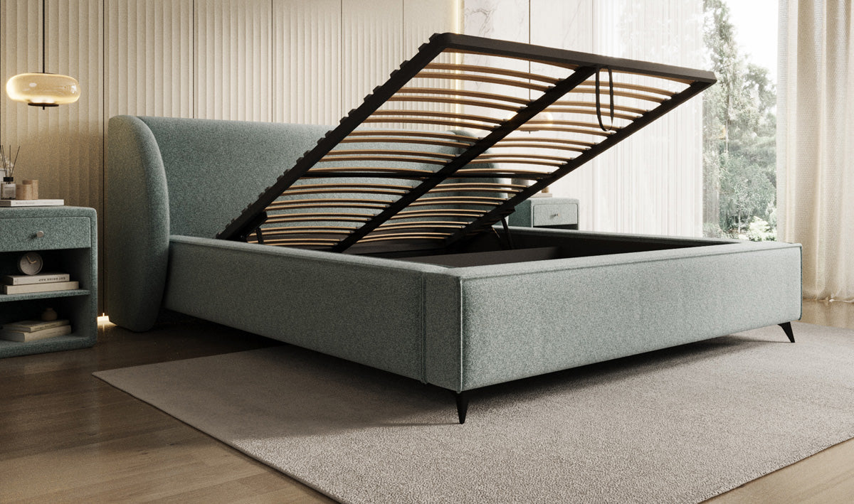 Designer Polsterbett Freya in Strukturstoff mit Stauraum