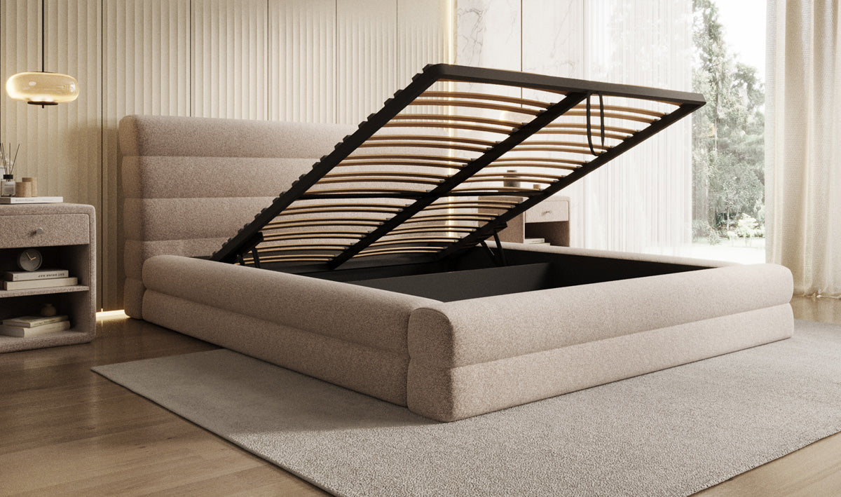 Designer Polsterbett Maren in Strukturstoff mit Stauraum