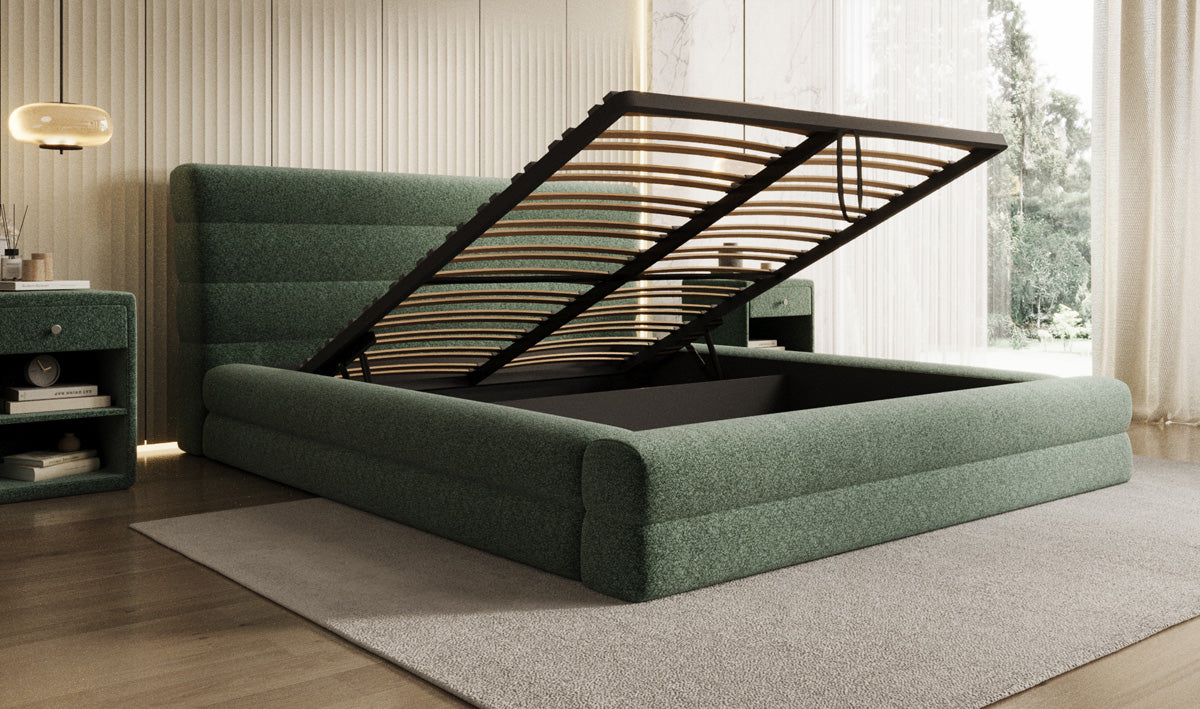Designer Polsterbett Maren in Strukturstoff mit Stauraum