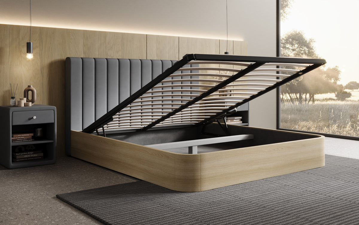 Designer Polsterbett Fiore Linea in Stoff mit Stauraum