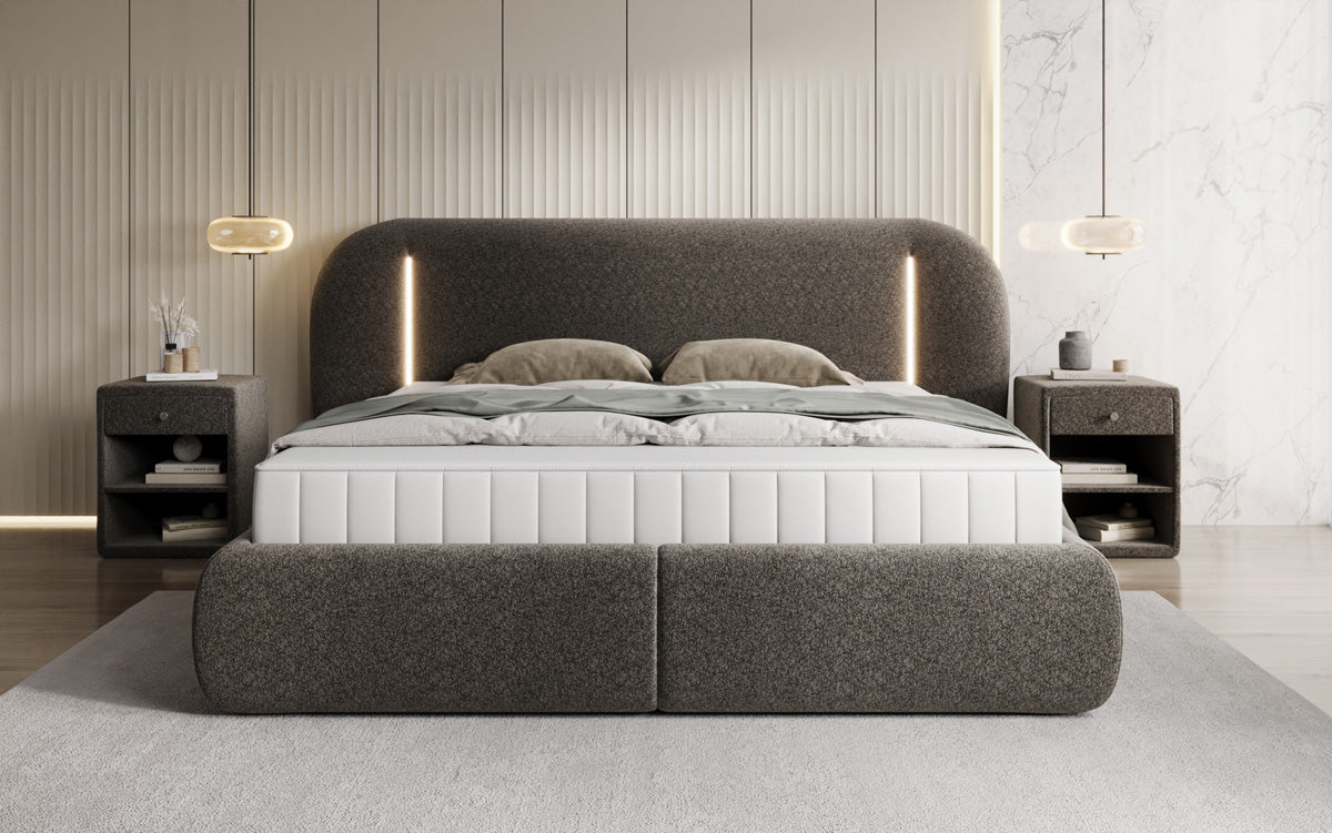 Designer Polsterbett Momo in Strukturstoff mit Stauraum und LED