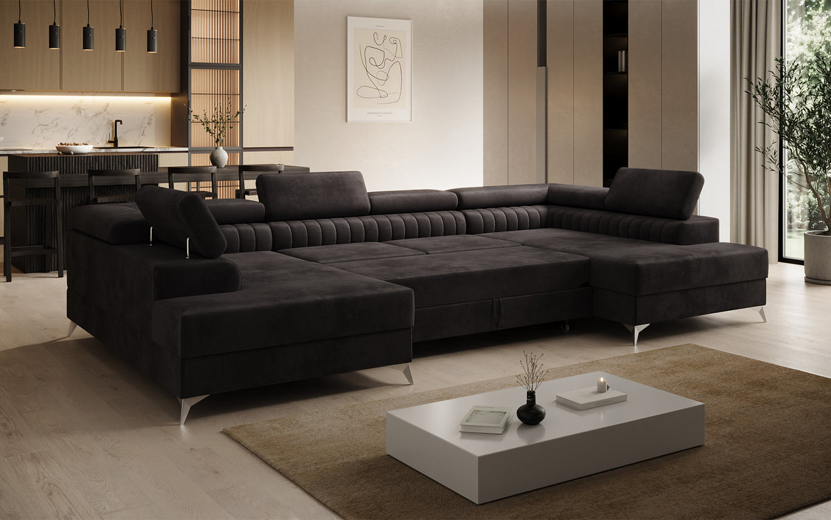 Designer Sofa Aurea U mit Schlaf- und Klappfunktion in Samt