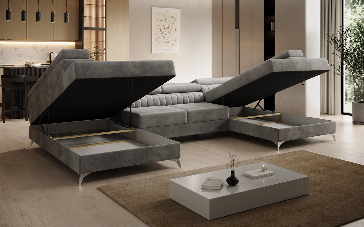 Designer Sofa Aurea U mit Schlaf- und Klappfunktion in Samt
