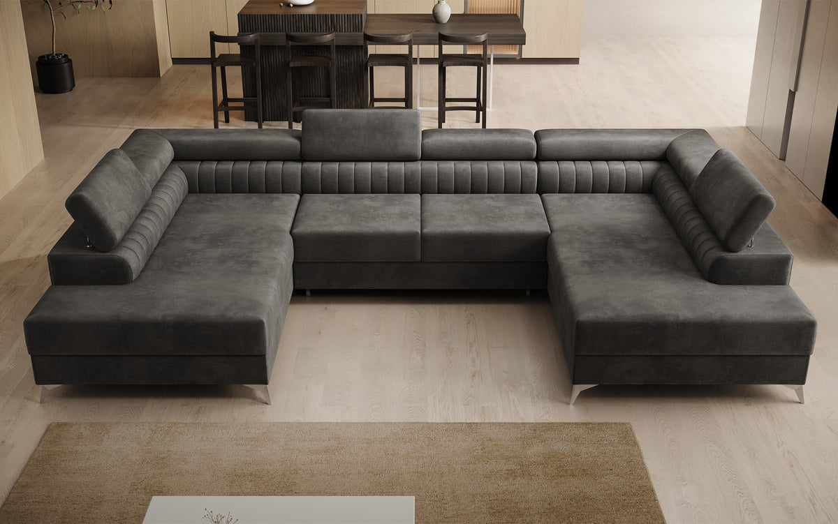 Designer Sofa Aurea U mit Schlaf- und Klappfunktion in Samt