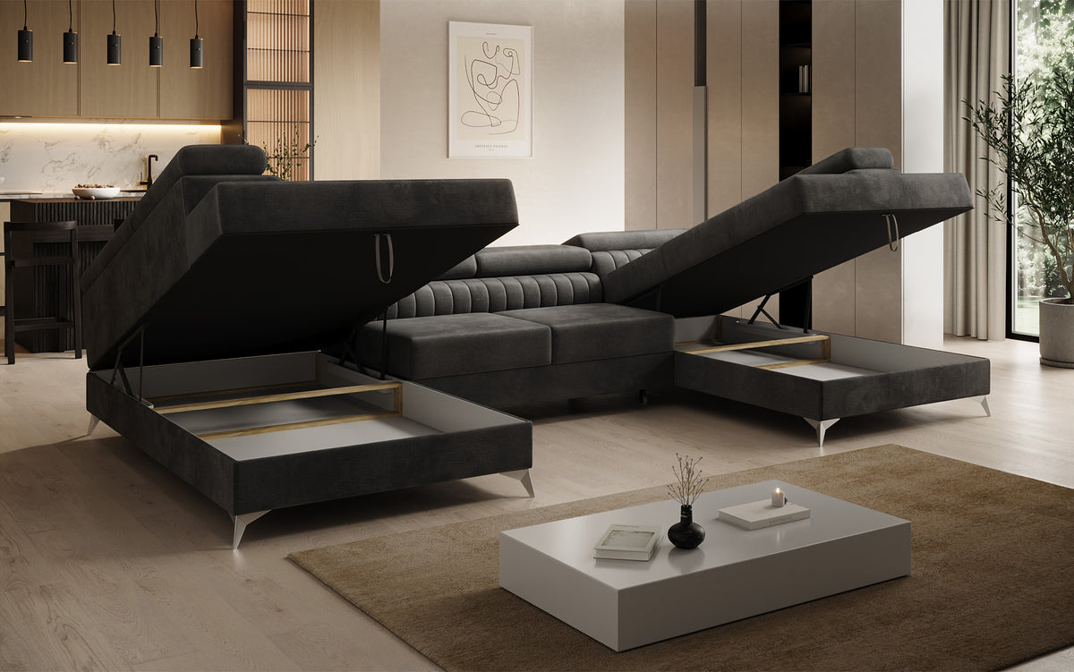 Designer Sofa Aurea U mit Schlaf- und Klappfunktion in Samt