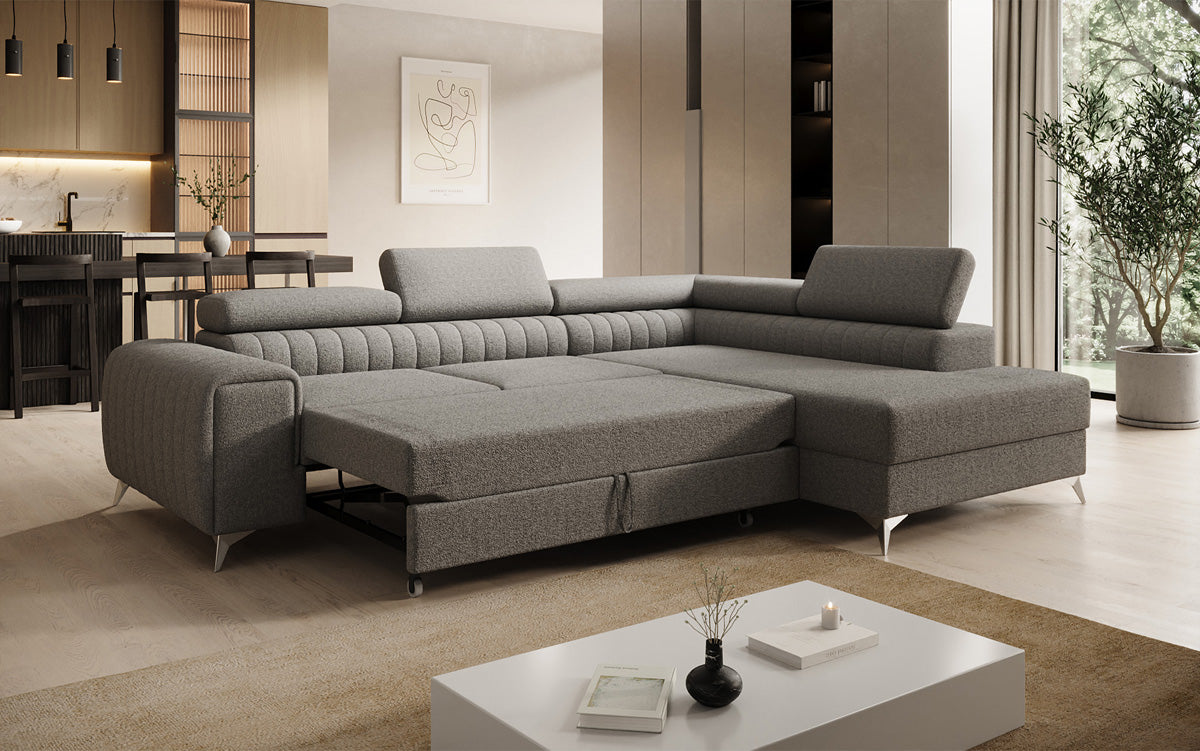 Designer Ecksofa Aurea mit Schlaf- und Klappfunktion in Bouclé