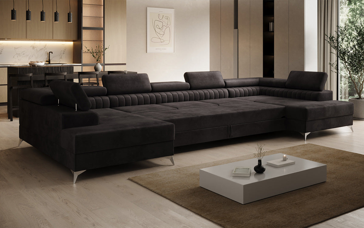 Designer Sofa Aurea U XXL mit Schlaf- und Klappfunktion in Samt