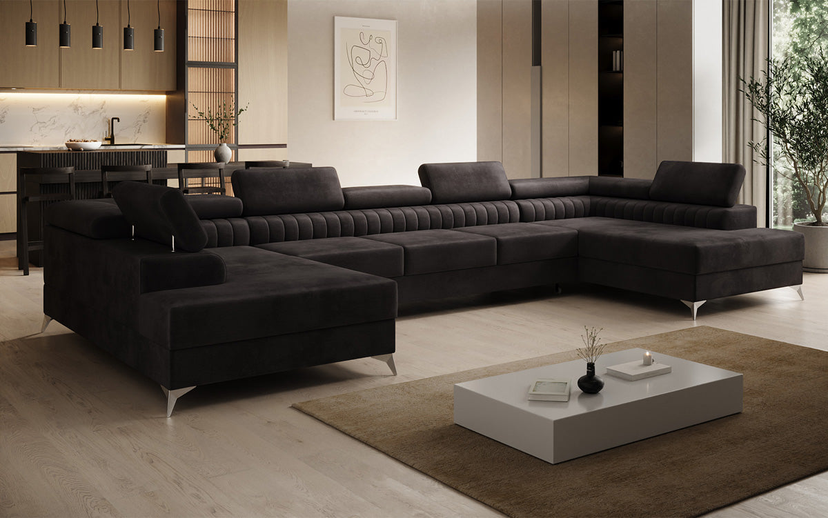 Designer Sofa Aurea U XXL mit Schlaf- und Klappfunktion in Samt