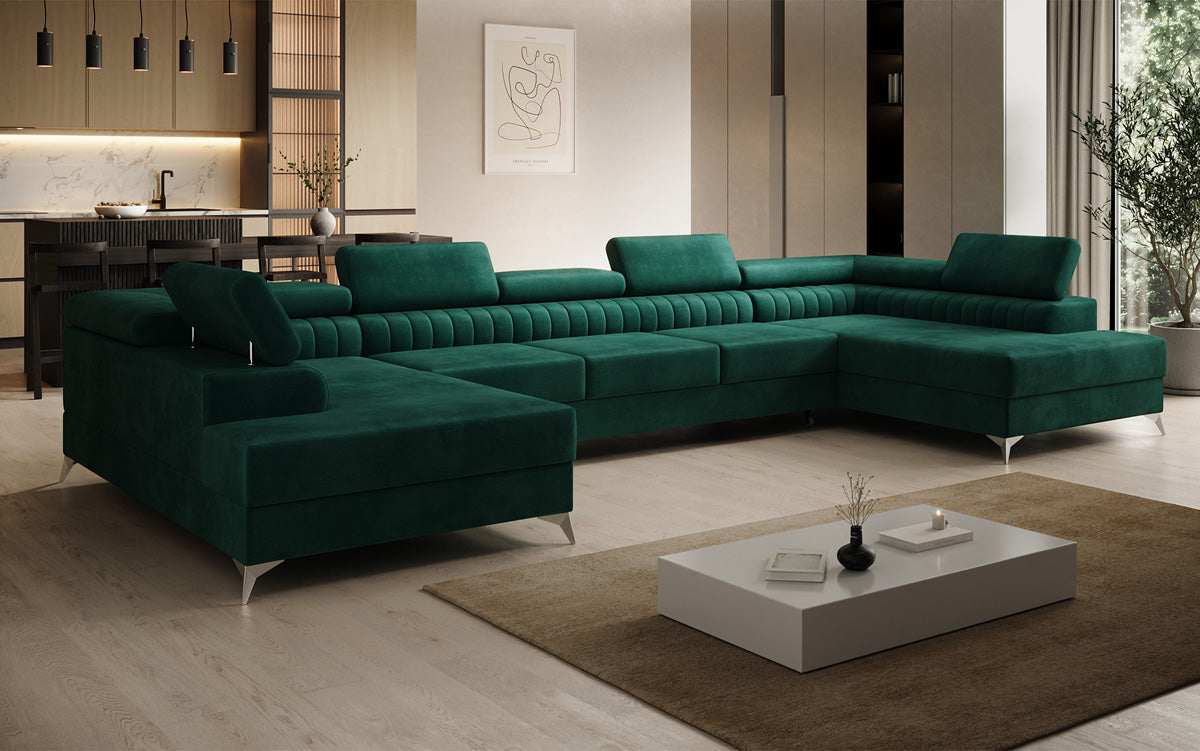 Designer Sofa Aurea U XXL mit Schlaf- und Klappfunktion in Samt