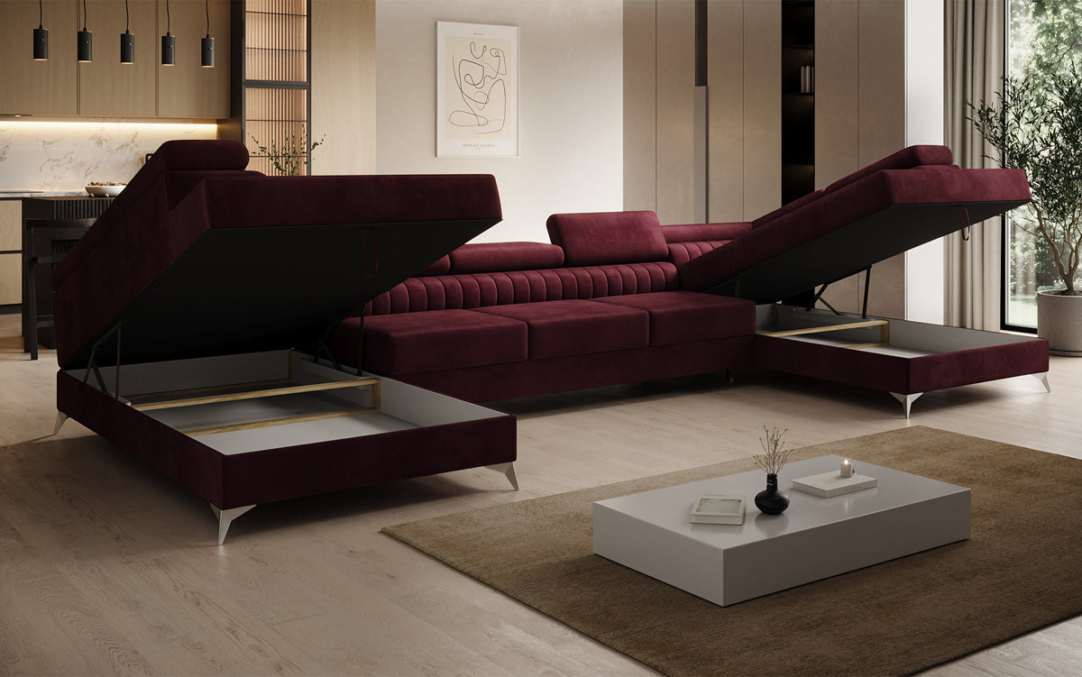Designer Sofa Aurea U XXL mit Schlaf- und Klappfunktion in Samt