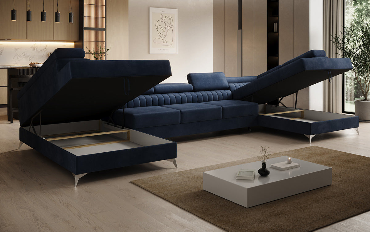 Designer Sofa Aurea U XXL mit Schlaf- und Klappfunktion in Samt