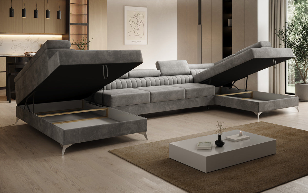 Designer Sofa Aurea U XXL mit Schlaf- und Klappfunktion in Samt