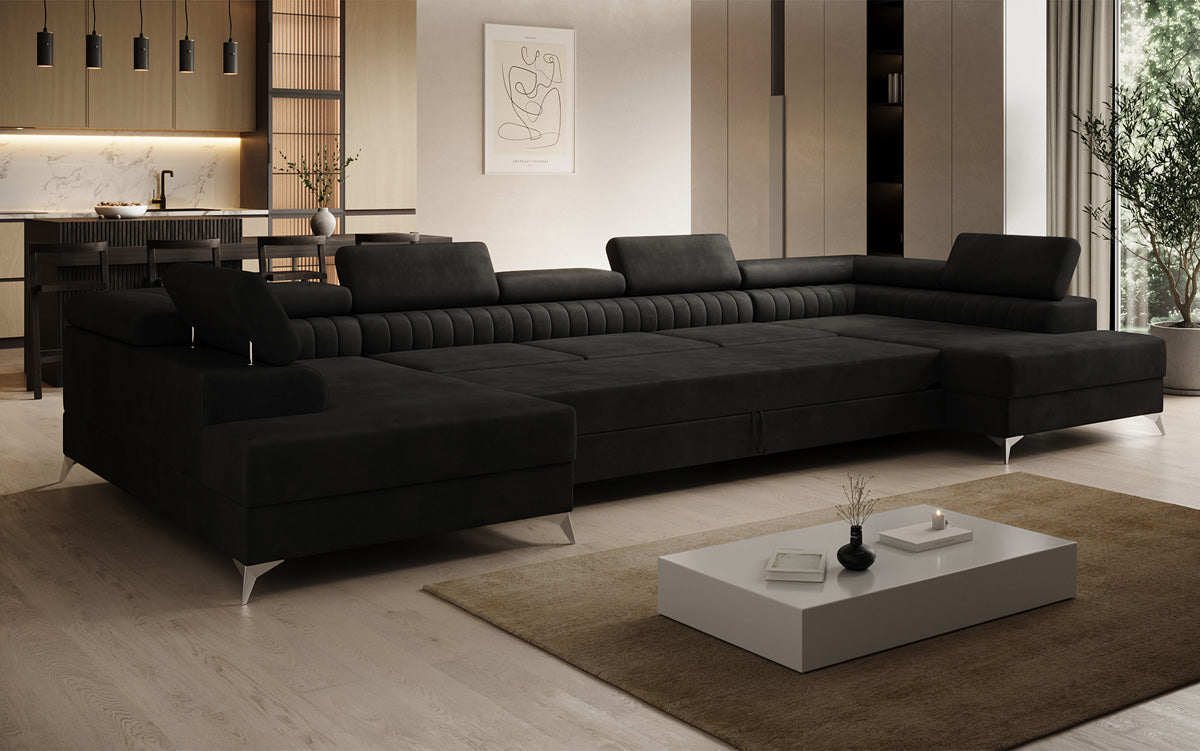 Designer Sofa Aurea U XXL mit Schlaf- und Klappfunktion in Samt