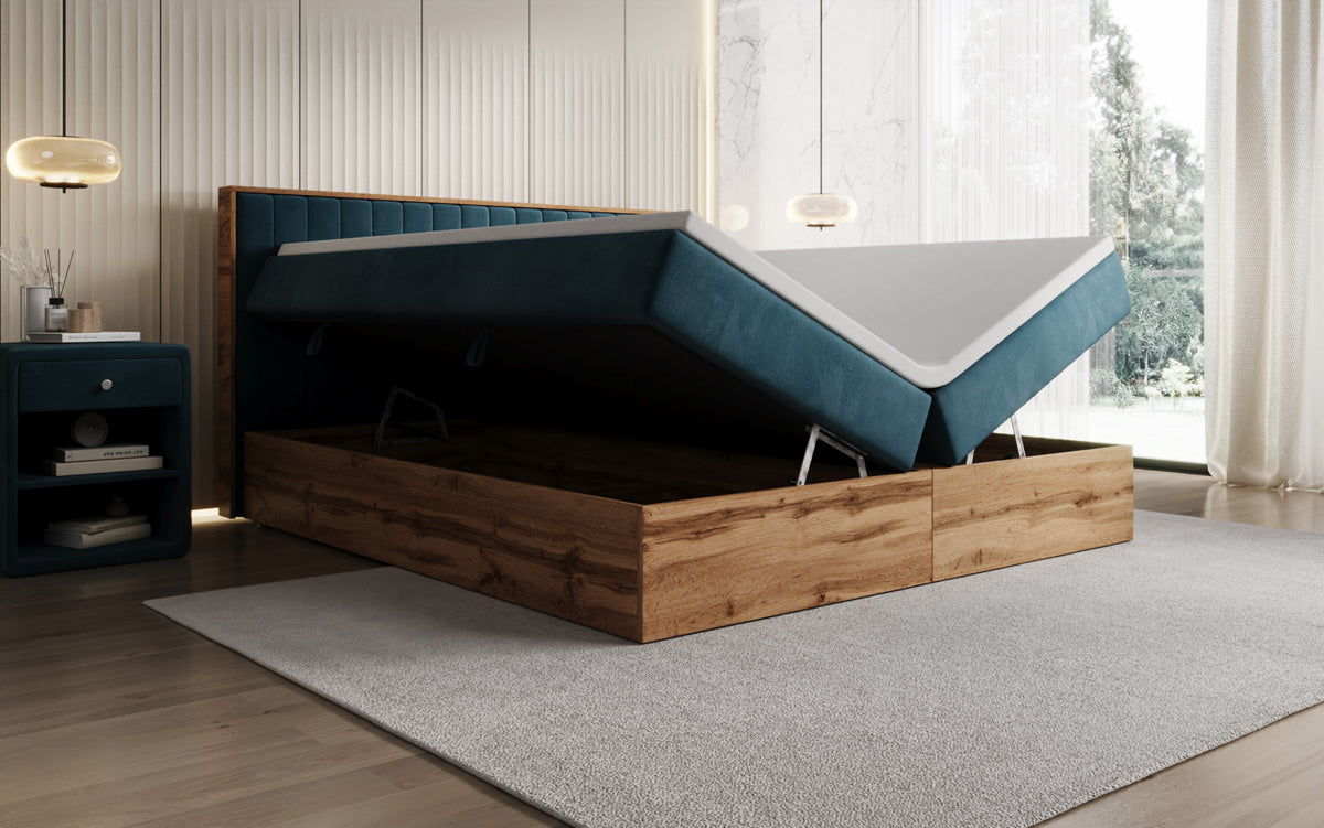 Boxspringbett Timber Line mit Stauraum in Samt