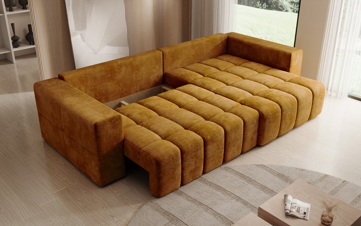 Designer Ecksofa Momo mit Schlaf- und Klappfunktion in Cord