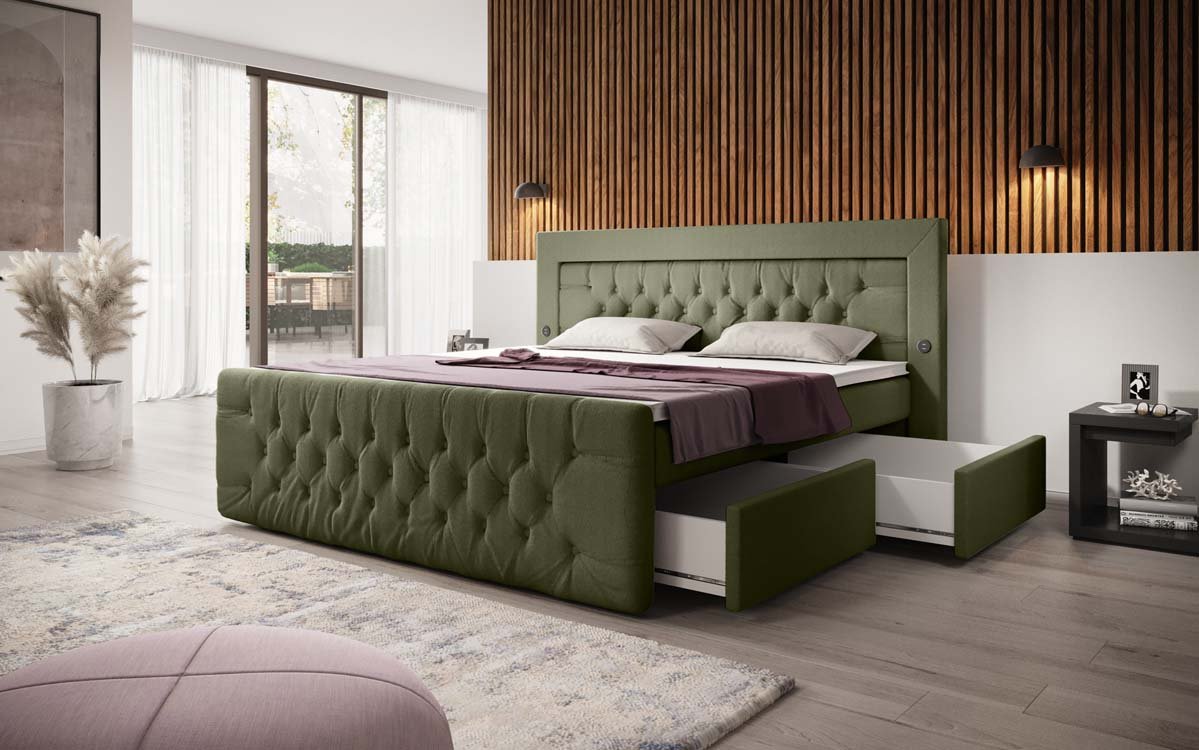 Boxspringbett Diva Bouclé mit USB, LED und 2 Schubalden