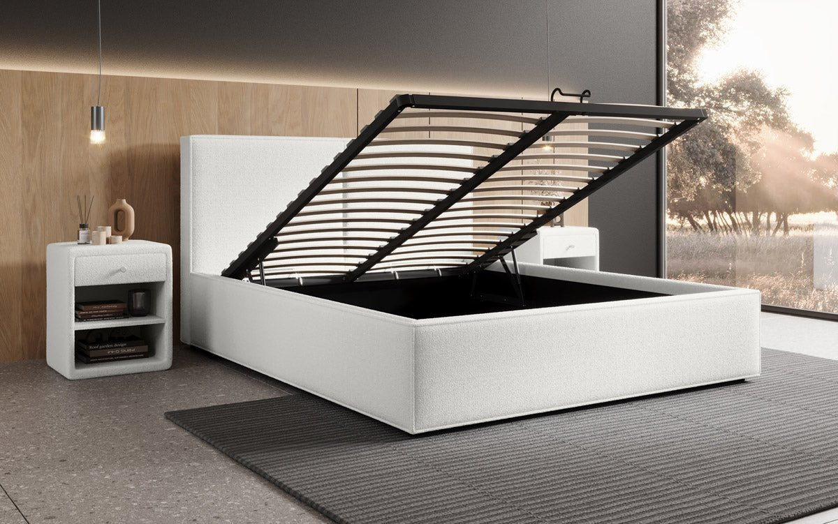 Designer Polsterbett Elara in Bouclé mit Stauraum