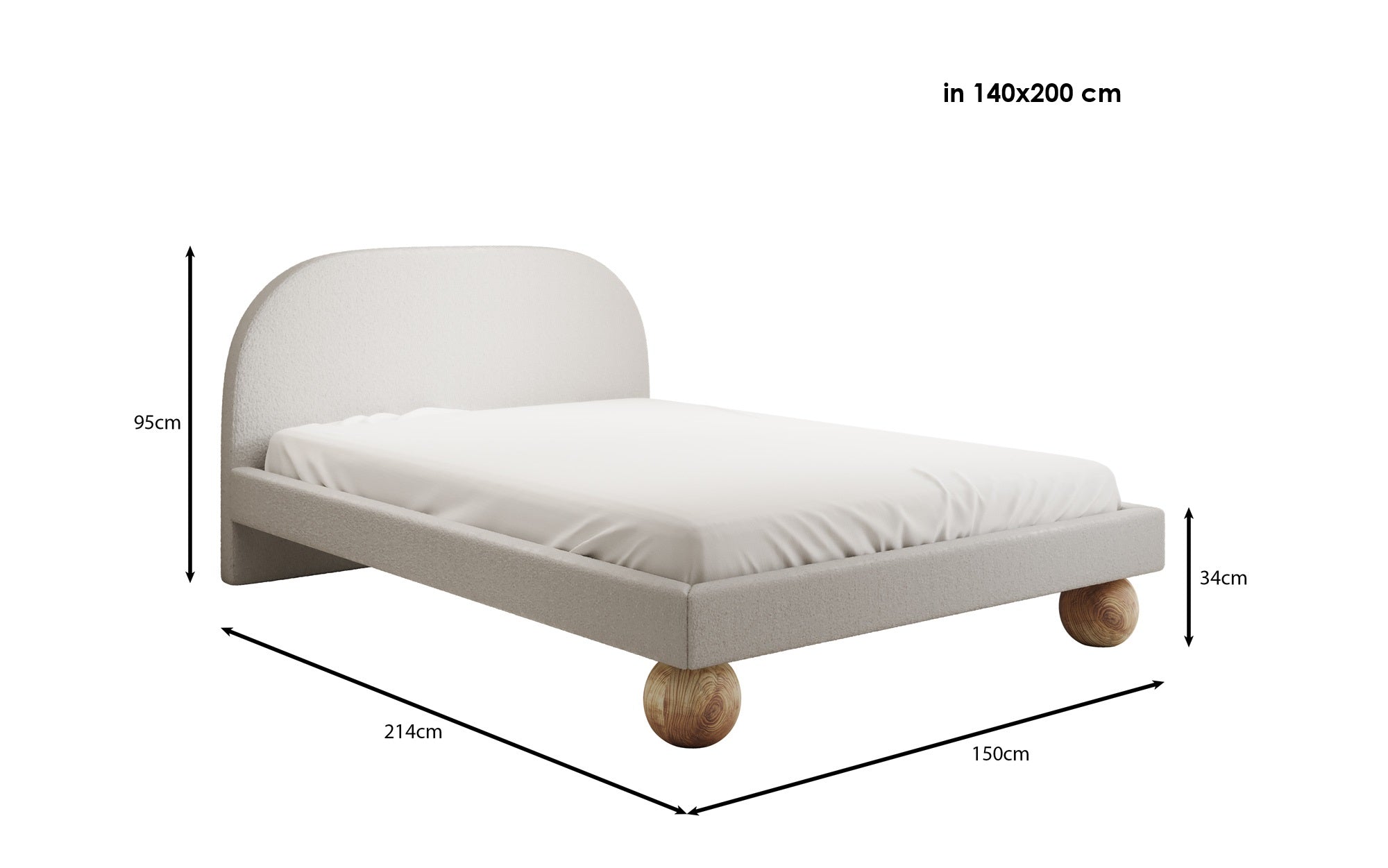 Designer Polsterbett Milo in Bouclé mit runden Holzfüßen