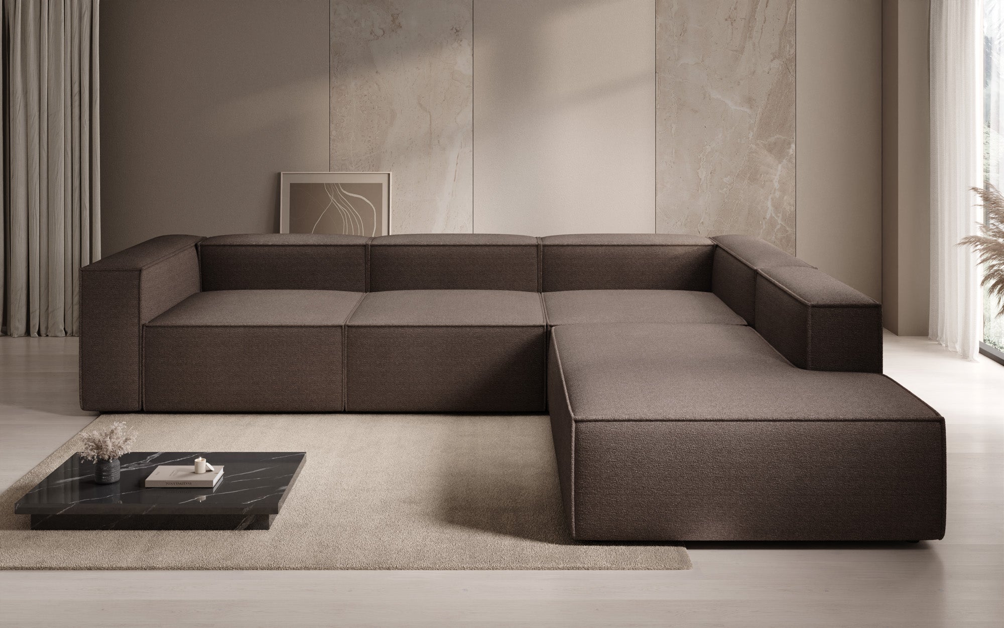 Designer Sofa Lesley L mit langer Ottomane in Bouclé