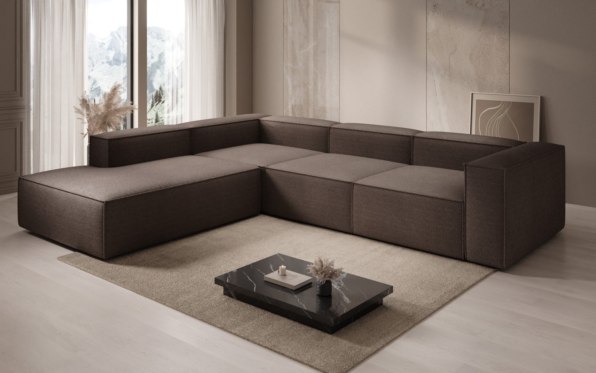 Designer Sofa Lesley L mit langer Ottomane in Bouclé
