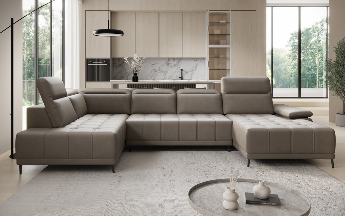 Designer Sofa Lyra U mit elektrischer Schlaffunktion in Echtleder