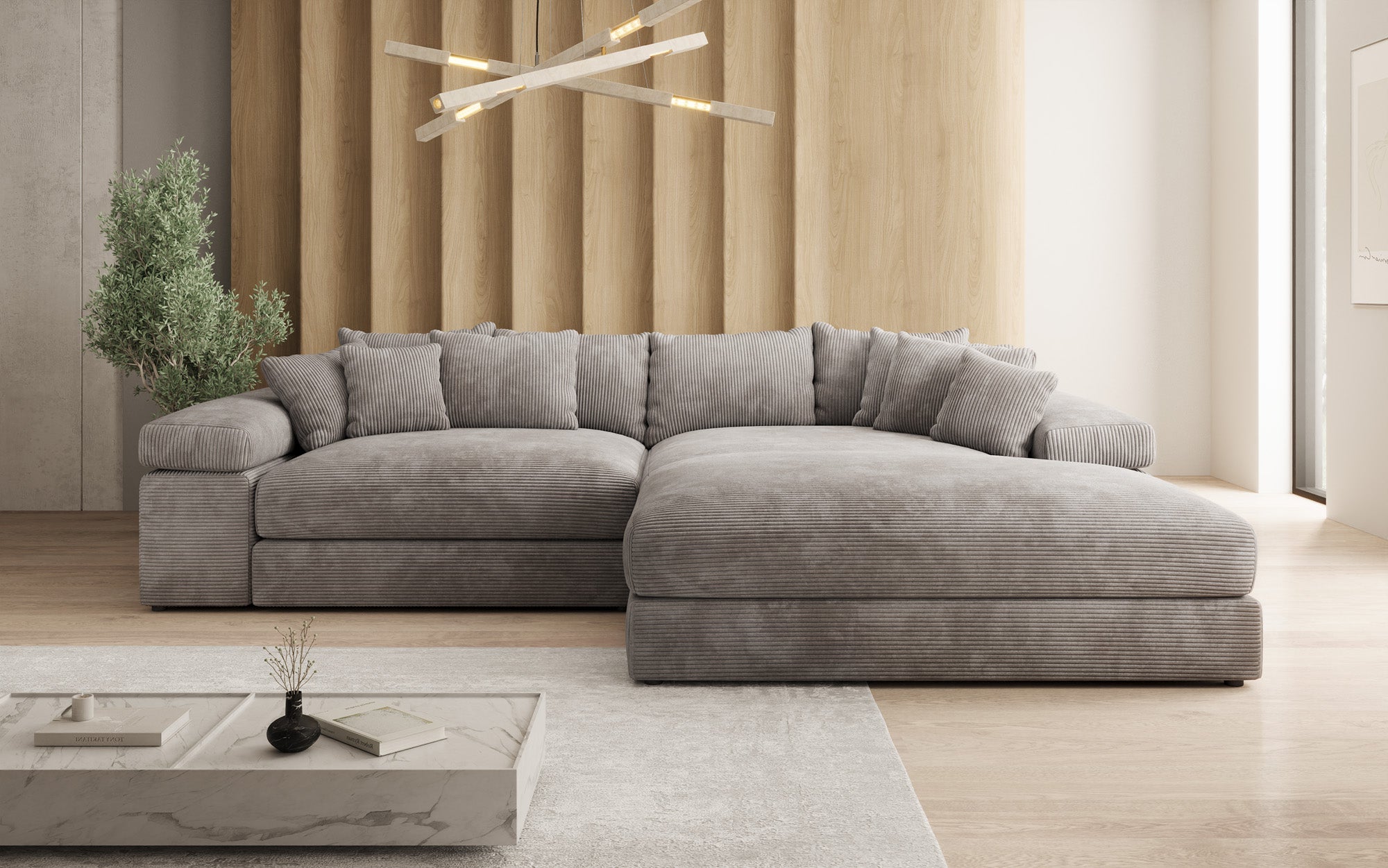 Designer Ecksofa Bernardo mit breiter Ottomane in Cord