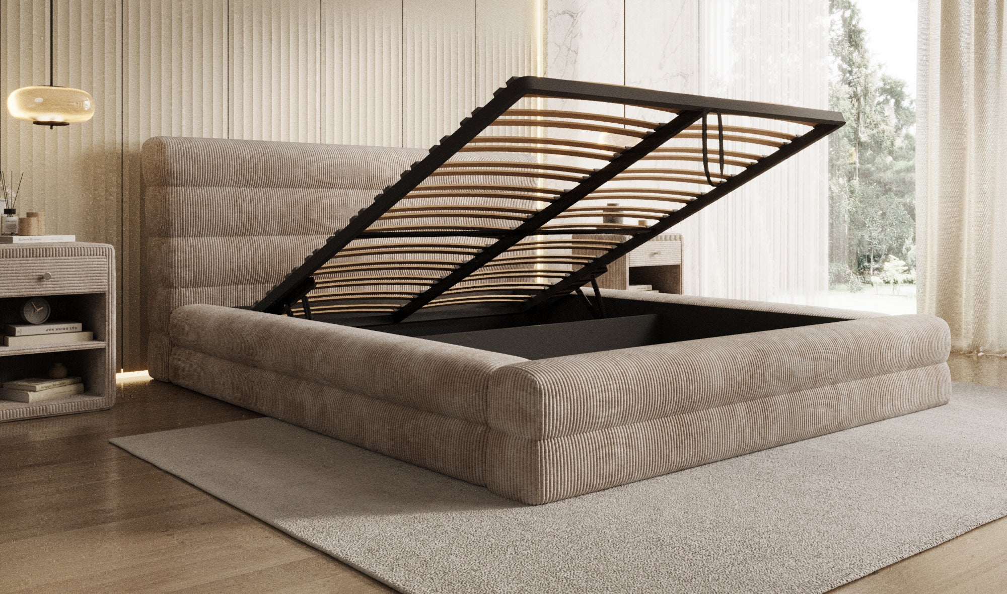 Designer Polsterbett Maren Cord mit Stauraum
