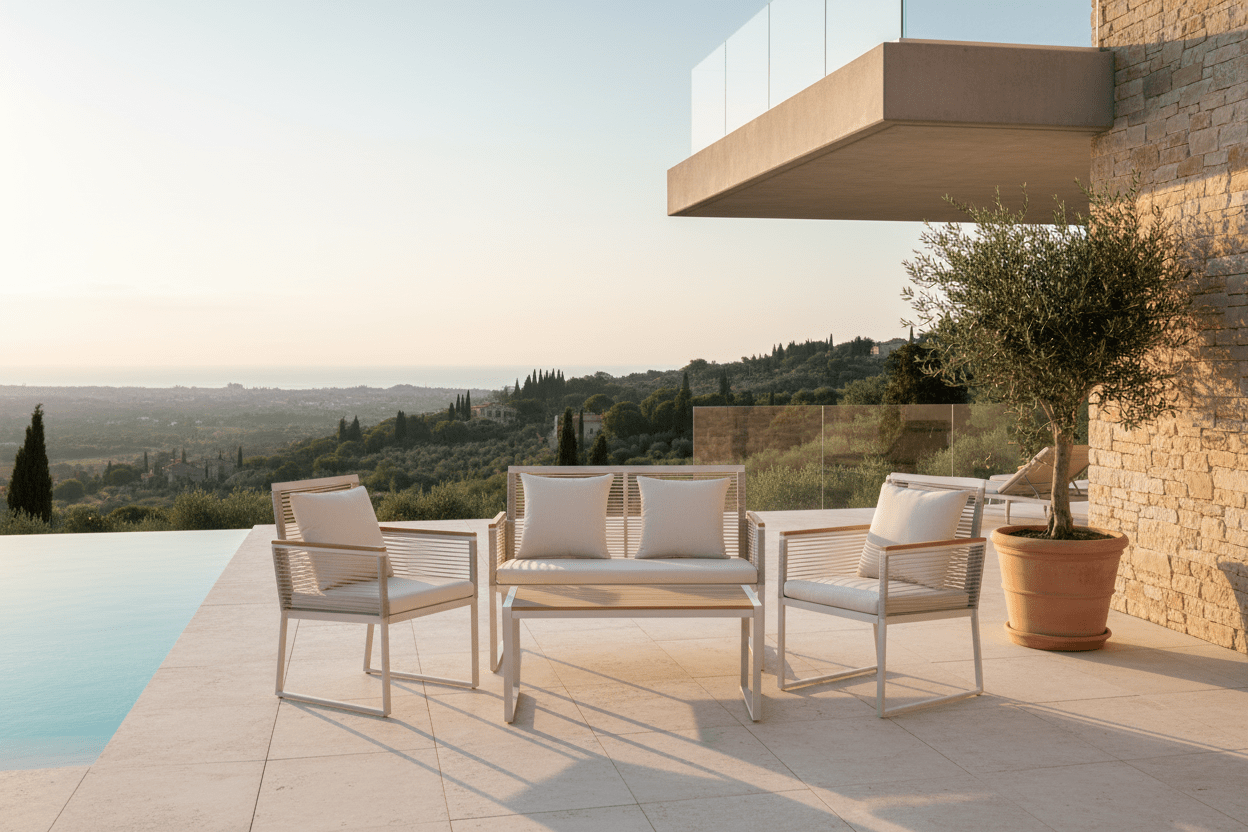 Garten Loungeset Janel – 4-teilig mit Holztisch in Beige