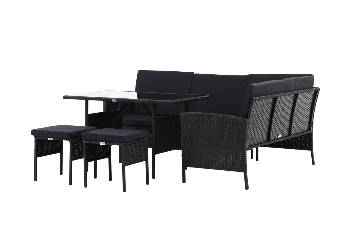 Garten Loungeset Jess – 5-teilig aus schwarzem Kunstrattan mit Glastisch