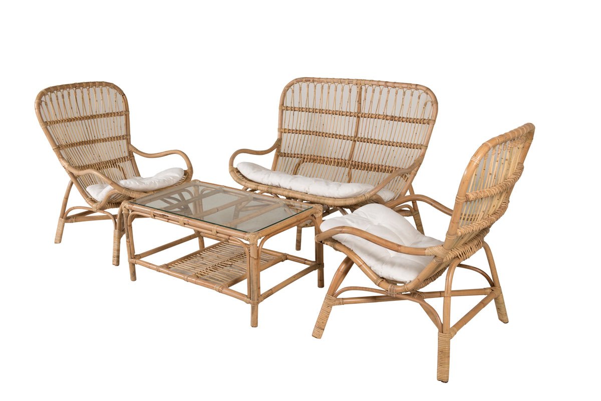 Garten Loungeset Raisa – mit Glasplatte & weißen Kissen