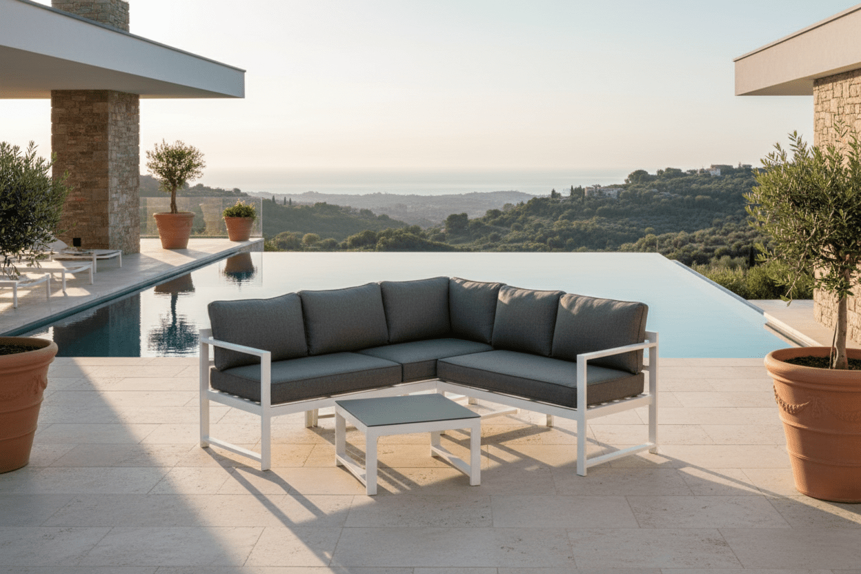 Garten Loungeset Tamara – in Grau mit Glasplatte für Terrasse & Balkon