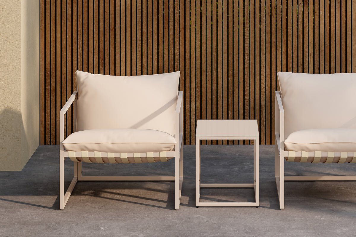 Garten Loungeset Valenza – 3-teiliges Outdoor-Set in Beige mit Glastisch