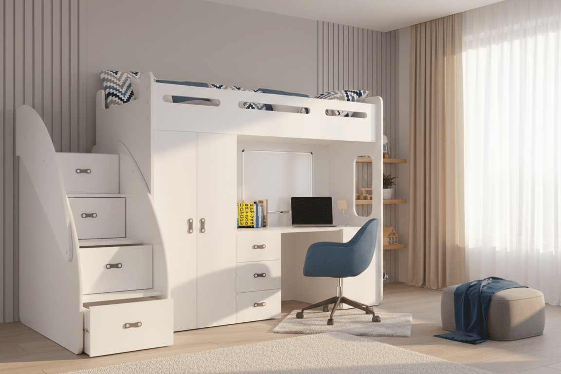 Kinderhochbett Study - mit Schreibtisch, viel Stauraum & Matratze