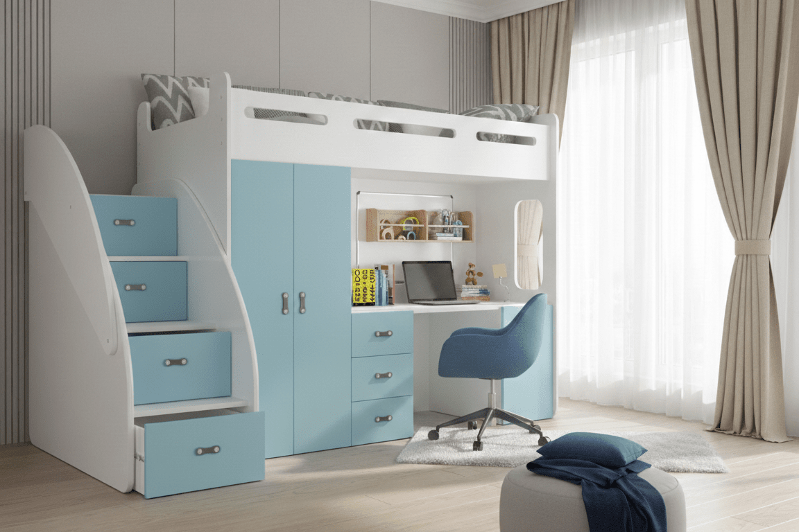 Kinderhochbett Study - mit Schreibtisch, viel Stauraum & Matratze