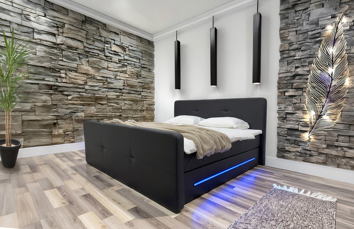 OUTLET - Boxspringbett Oakland mit LED Kunstleder / 180x200 / Schwarz / H3