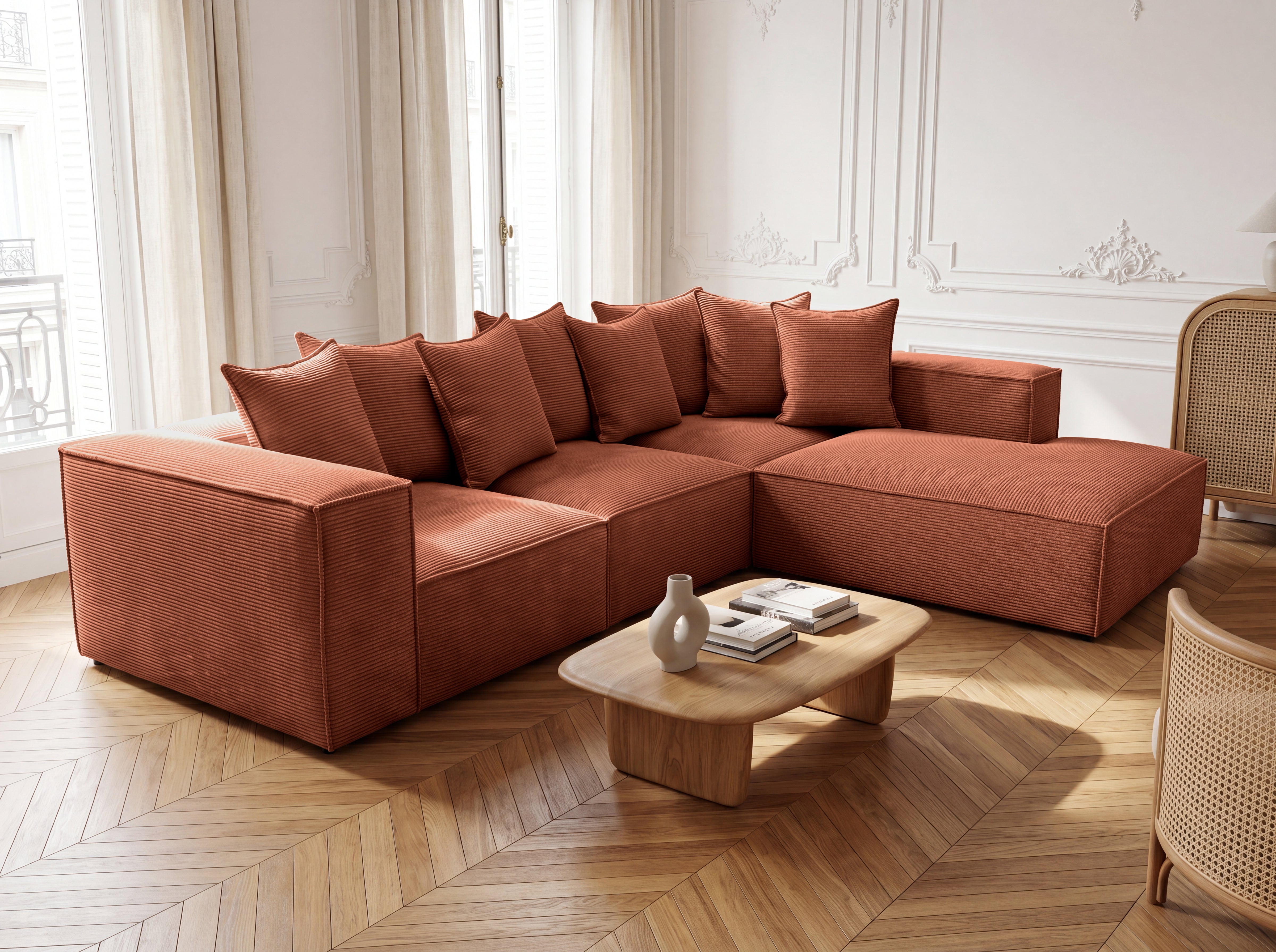Designer Ecksofa Largo mit langer Ottomane in Cord