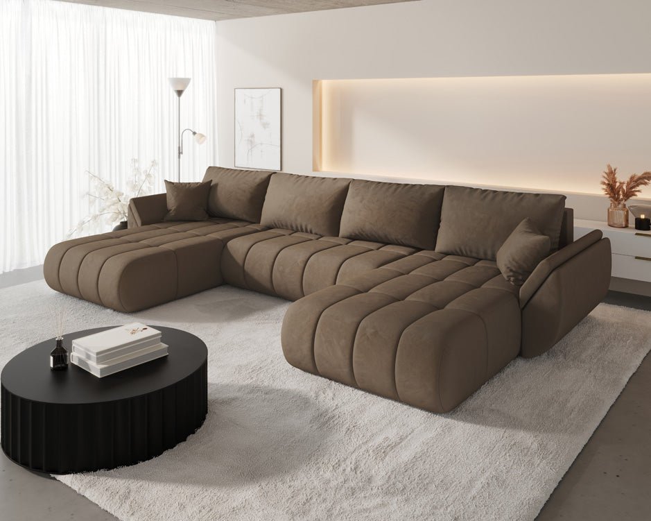 Designer Sofa Lenoa U mit Schlaf- und Klappfunktion in Samt