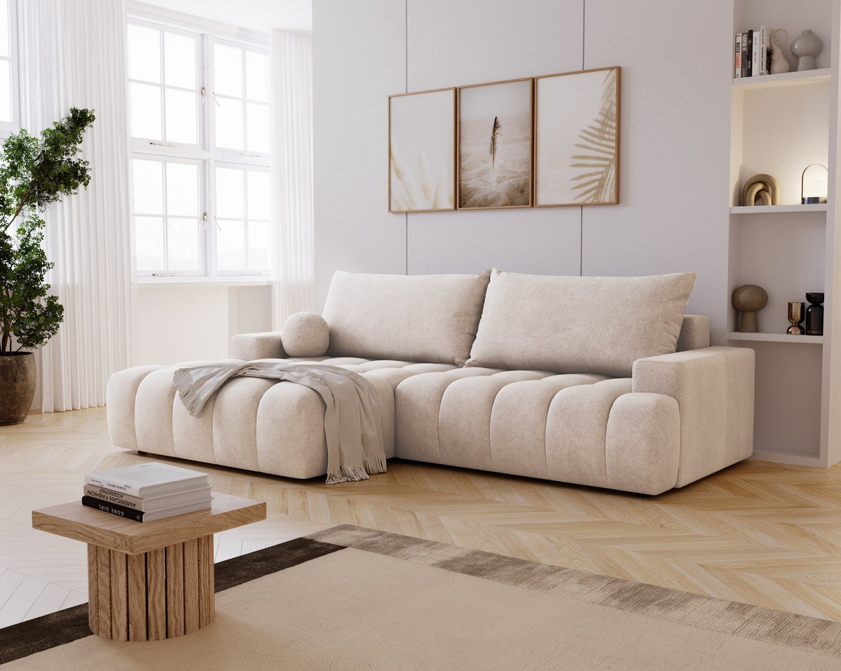 Designer Ecksofa Nemo in Stoff mit Schlaffunktion & Stauraum – Beige – Links