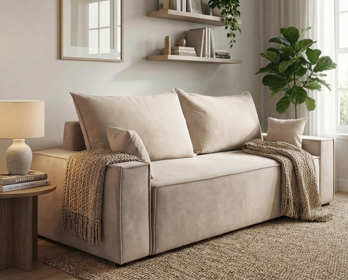 Designer 3 Sitzer Sofa Rego in Samt mit Schlaffunktion & Stauraum – Beige