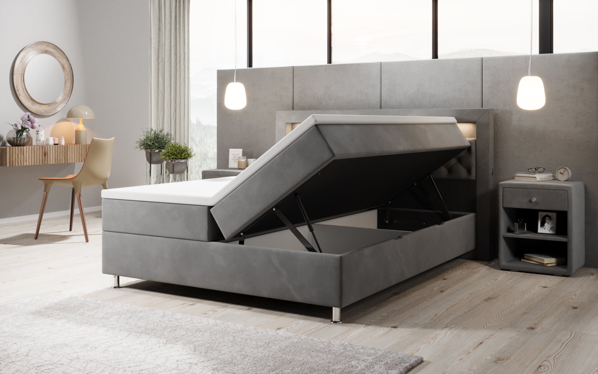 OUTLET-Boxspringbett Troja mit RGB, USB und Stauraum/160x200/Grau/H3