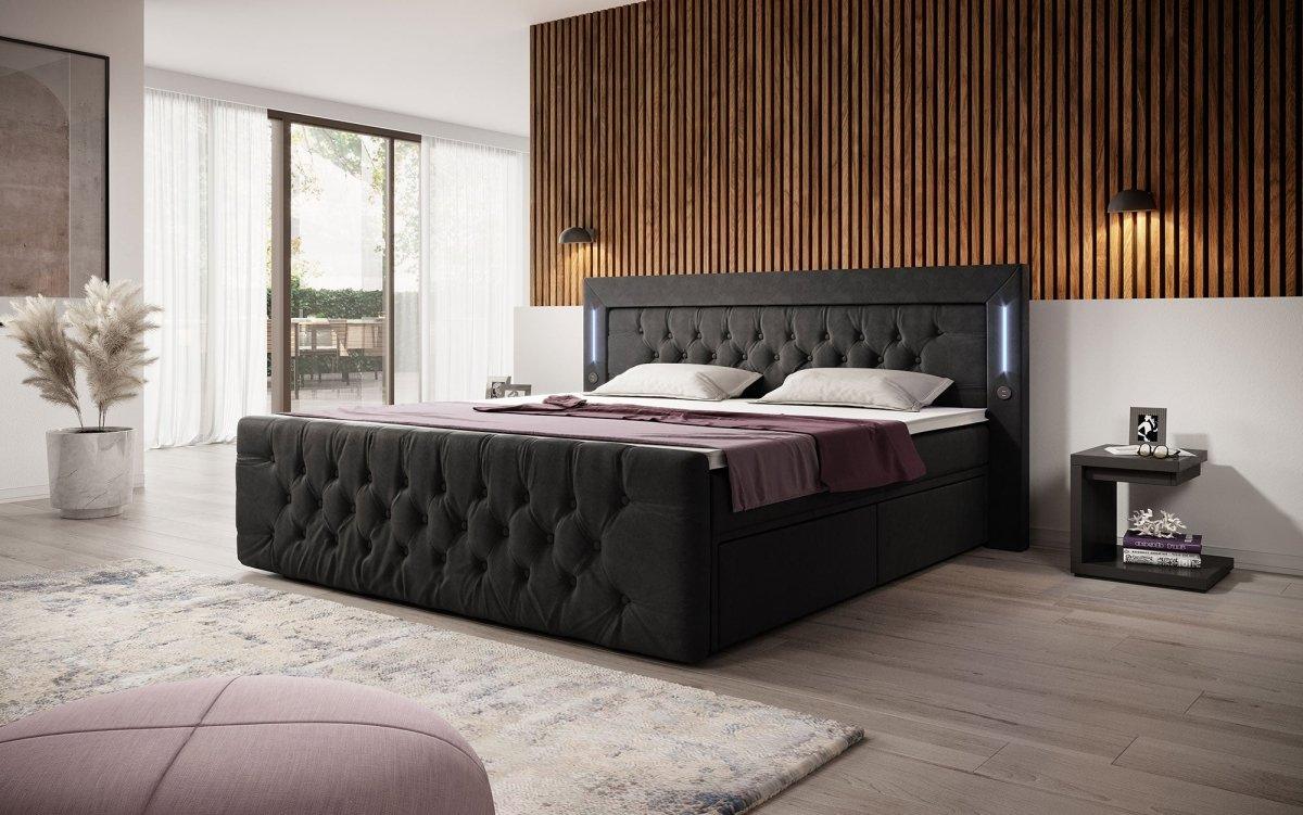 Boxspringbett Diva mit USB, LED und Stauraum (2 Schubladen) - Luxusbetten24