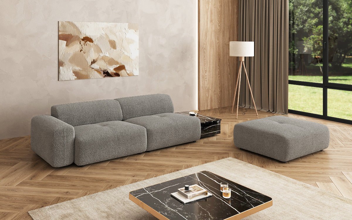 Canapé design Calm 3 places avec pouf d'appoint et table d'appoint en Bouclé