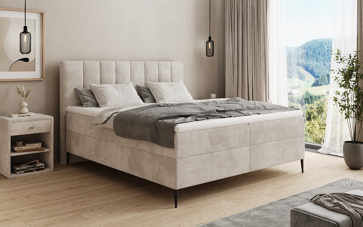 Lit boxspring Lucca en Côtelé avec rangement et pieds