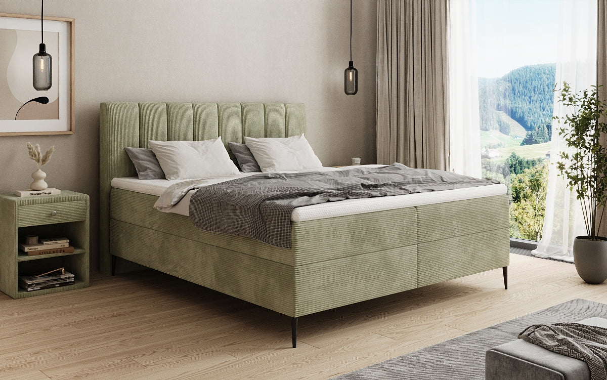 Lit boxspring Lucca en Côtelé avec rangement et pieds