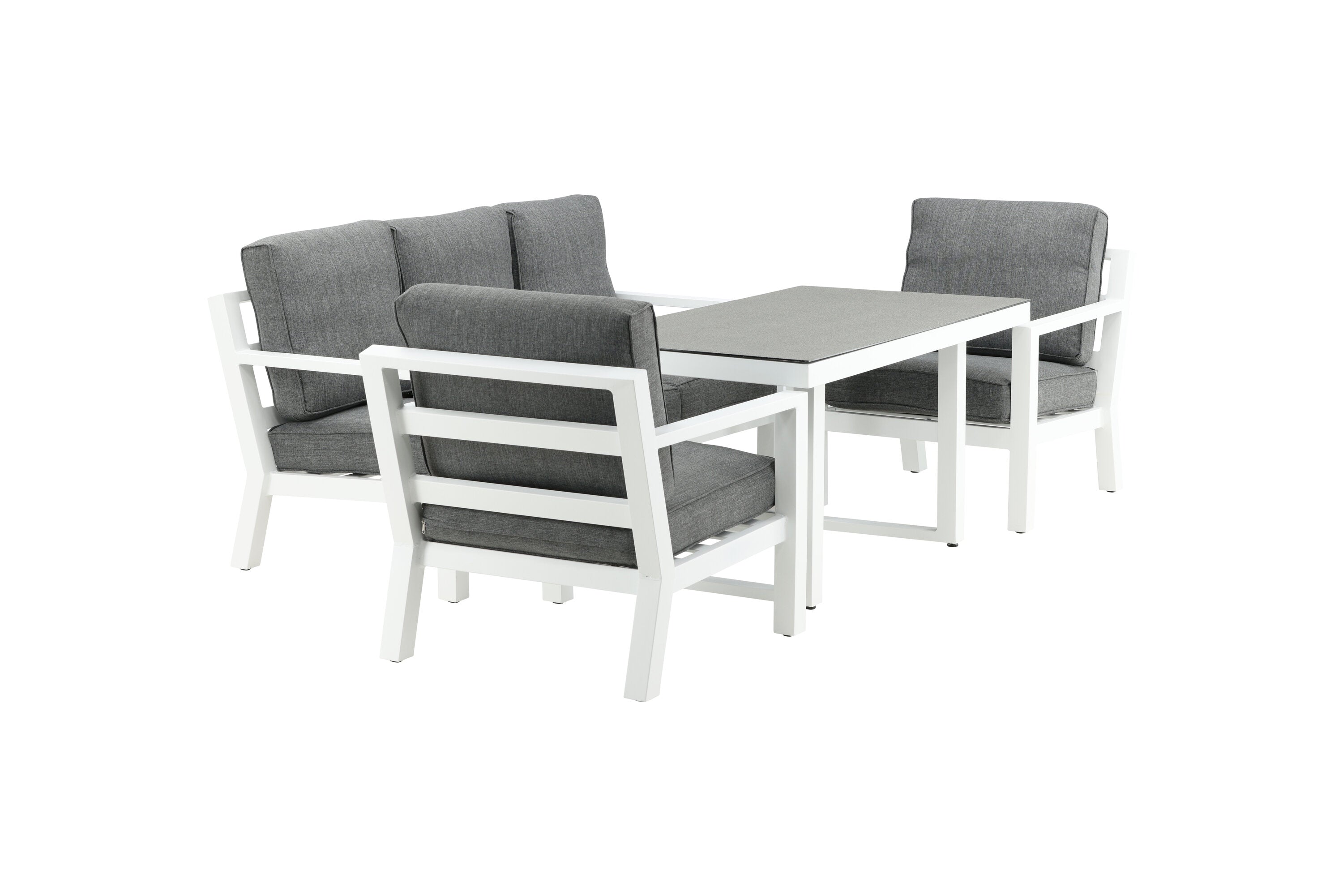 Ensemble lounge de jardin Jenni – en Blanc & Gris avec plateau en verre