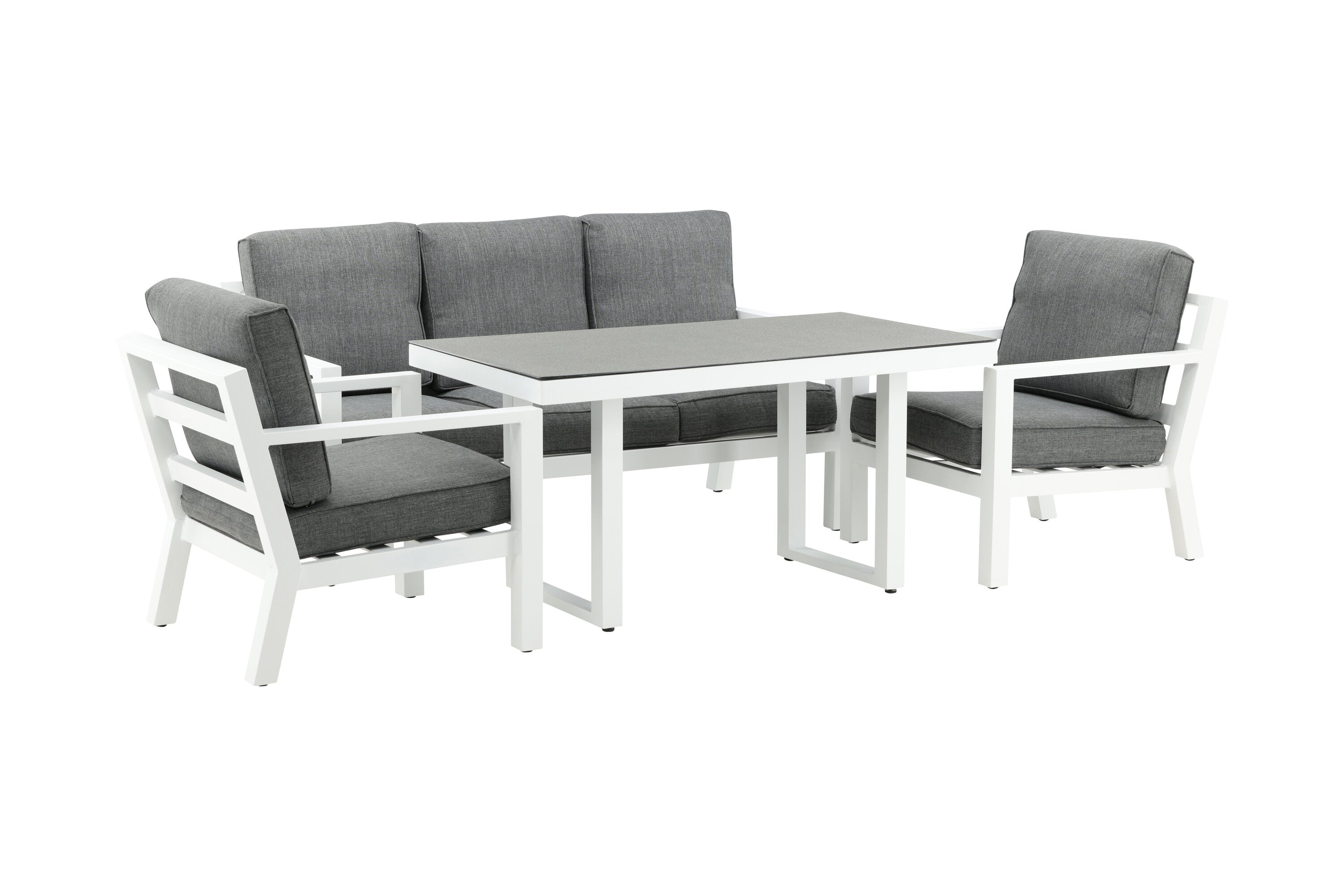 Ensemble lounge de jardin Jenni – en Blanc & Gris avec plateau en verre