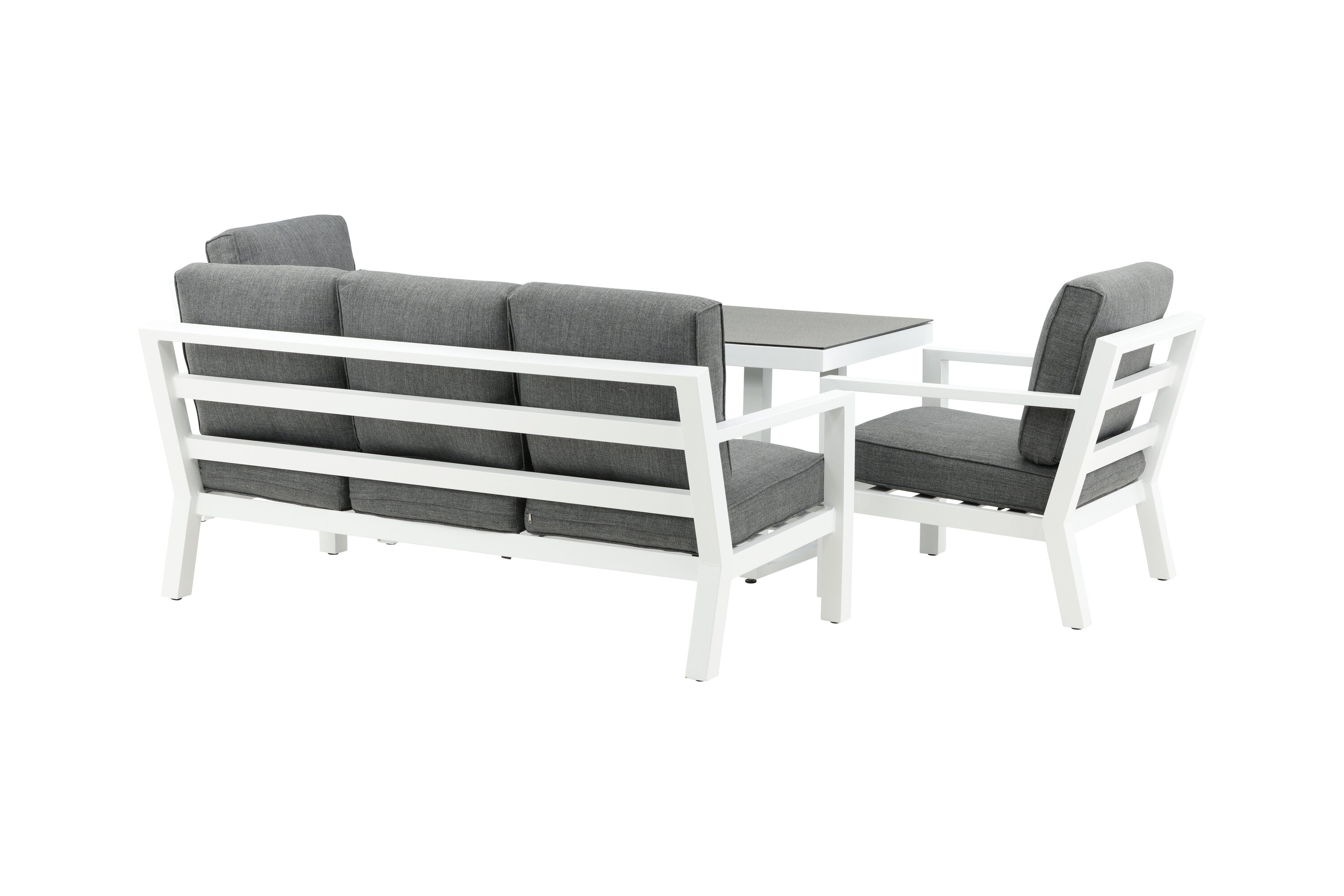 Ensemble lounge de jardin Jenni – en Blanc & Gris avec plateau en verre