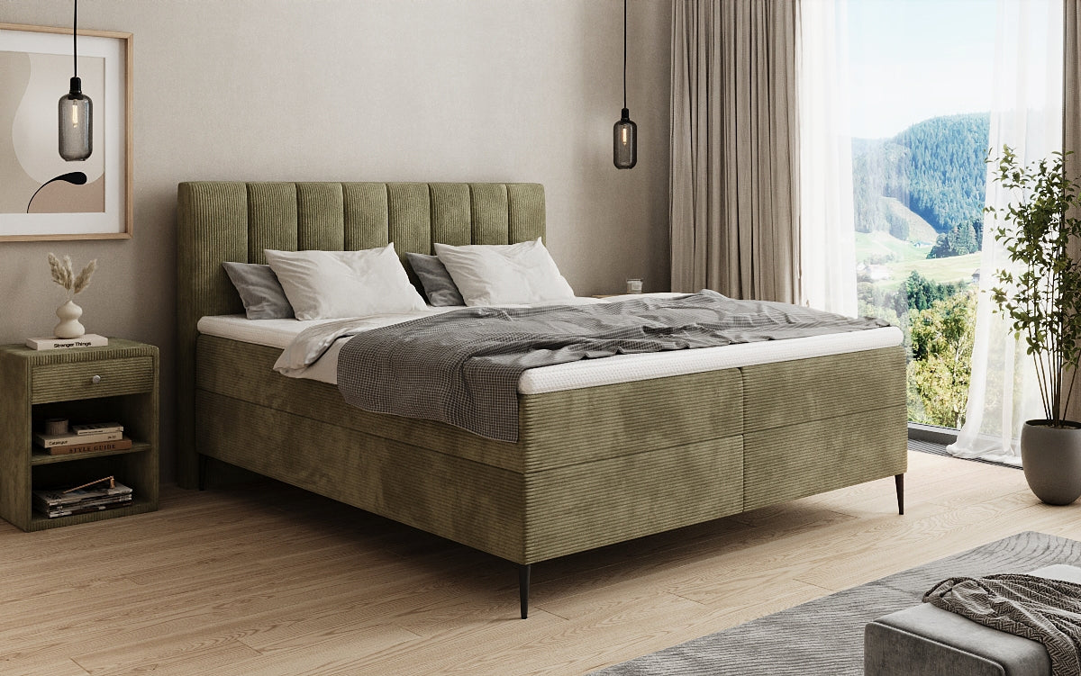 Lit boxspring Lucca en Côtelé avec rangement et pieds