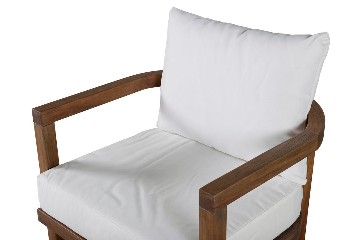 Sessel Robin - aus braunem Akazienholz mit weißen Kissen